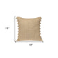 18" Beige and White Weave Cotton Throw Pillow With Pom Poms