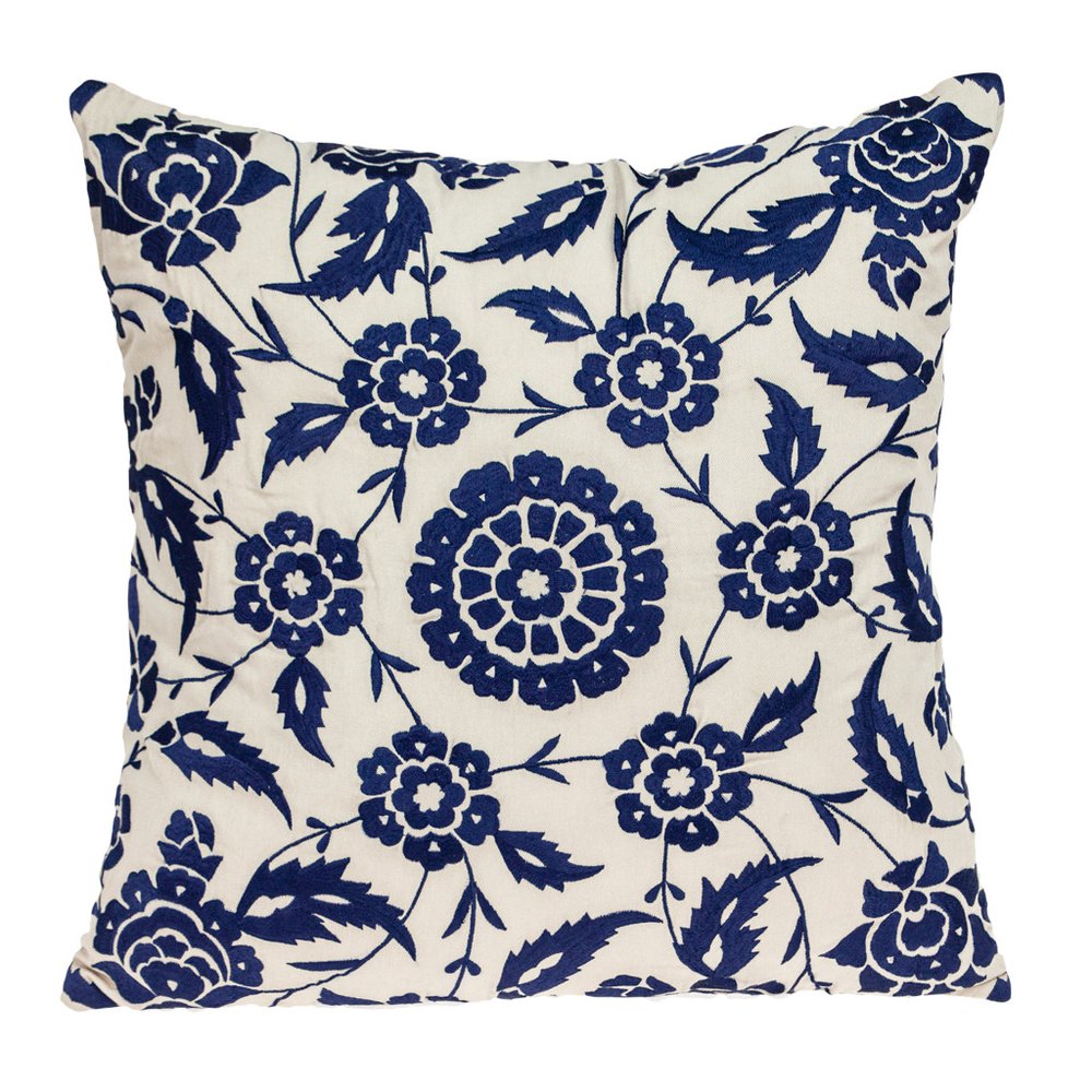 22" Beige and Indigo Floral Cotton Throw Pillow With Embroidery