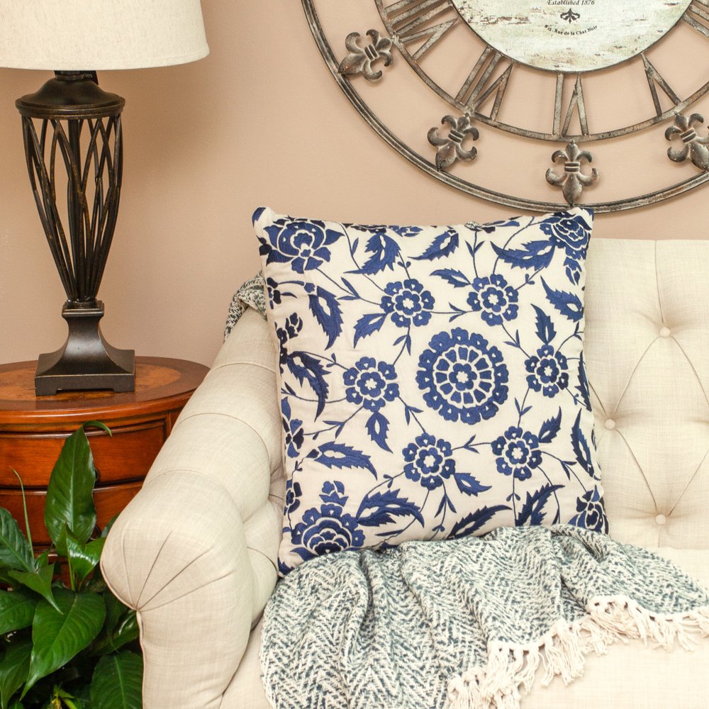 22" Beige and Indigo Floral Cotton Throw Pillow With Embroidery