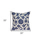 22" Beige and Indigo Floral Cotton Throw Pillow With Embroidery