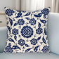 22" Beige and Indigo Floral Cotton Throw Pillow With Embroidery