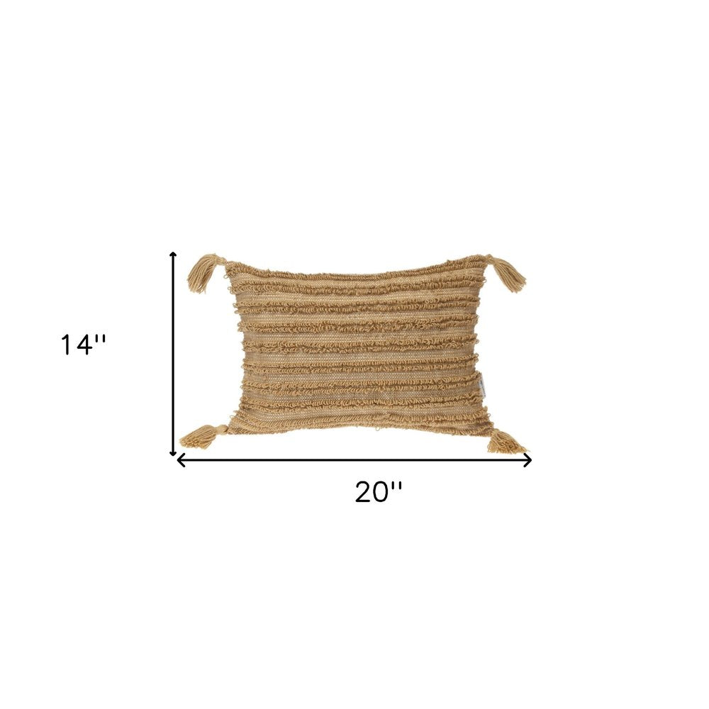 14" X 20" Beige Striped Cotton Throw Pillow With Tassels