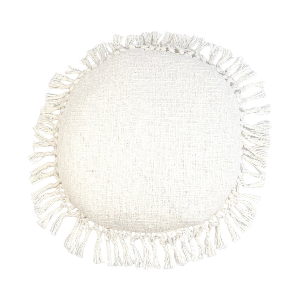 18" X 18" White Round Cotton Throw Pillow with Fringe