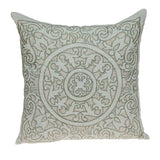 22" Beige and Green Damask Linen Blend Throw Pillow with Embroidery and Applique