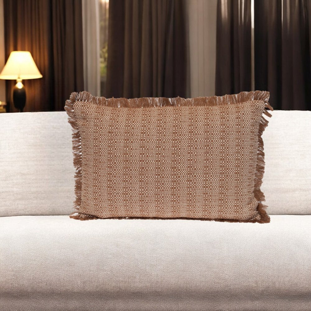 14" X 20" Brown and White Cotton Lumbar Throw Pillow with Fringe