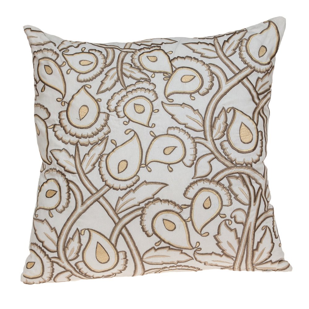 22" Brown and White Cotton Throw Pillow with Embroidery