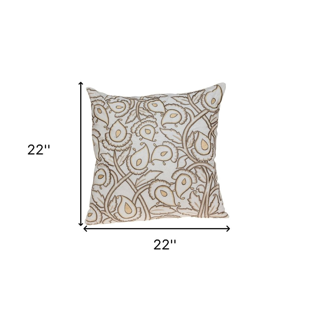 22" Brown and White Cotton Throw Pillow with Embroidery