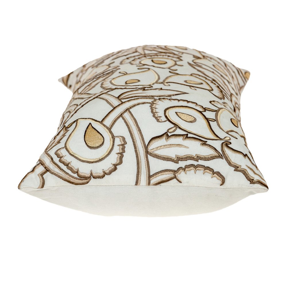 14" X 24" Brown and White Cotton Lumbar Throw Pillow with Embroidery