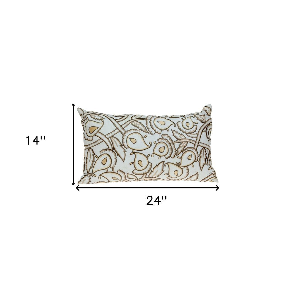14" X 24" Brown and White Cotton Lumbar Throw Pillow with Embroidery