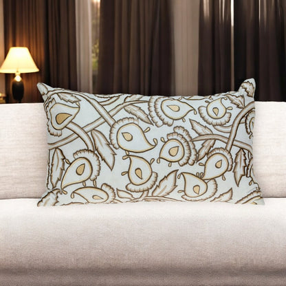 14" X 24" Brown and White Cotton Lumbar Throw Pillow with Embroidery