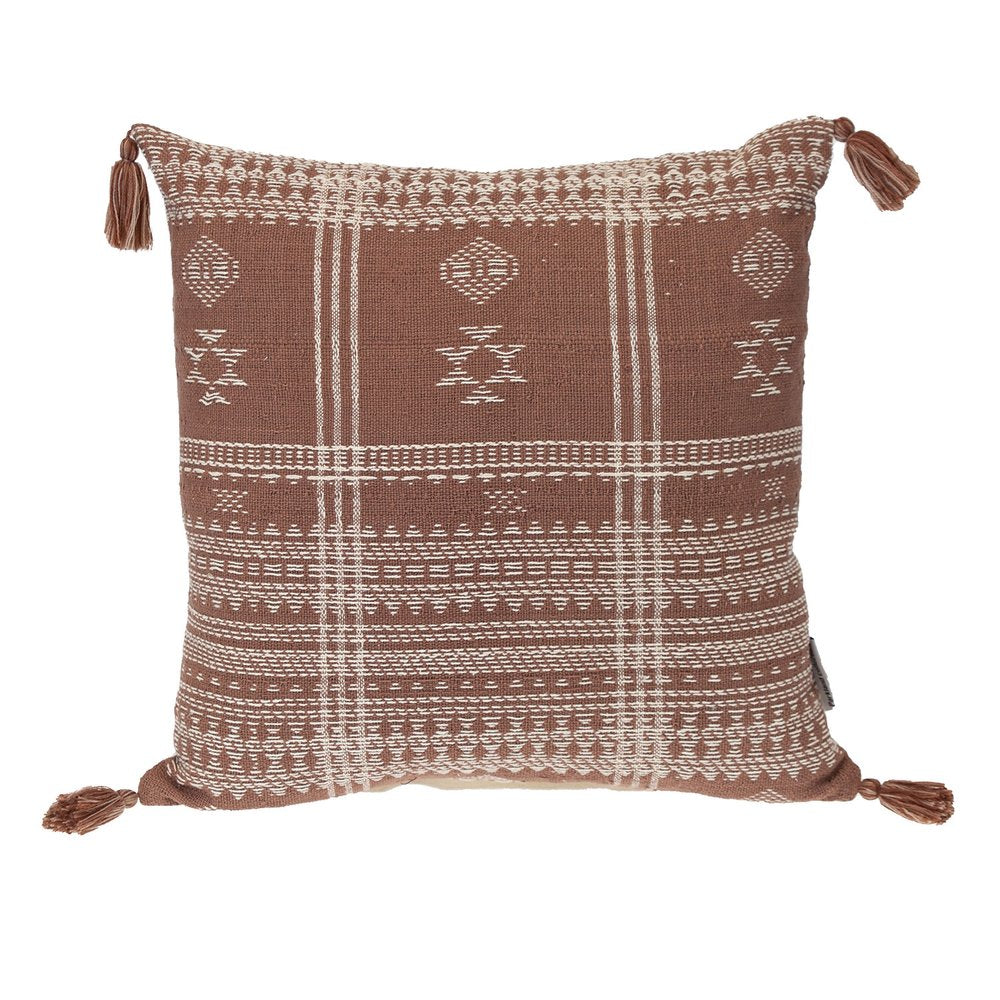 18" Beige and Brown Cotton Throw Pillow with Tassels