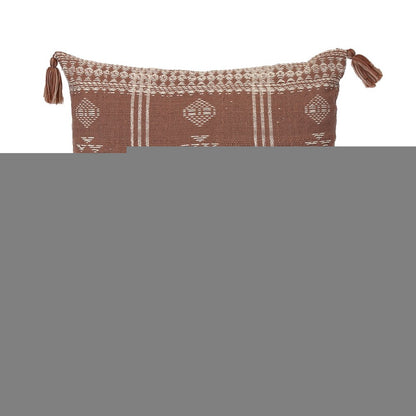18" Beige and Brown Cotton Throw Pillow with Tassels