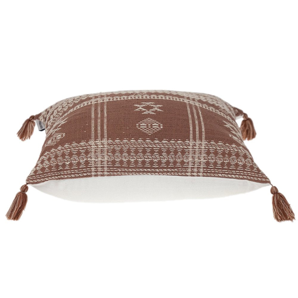18" Beige and Brown Cotton Throw Pillow with Tassels