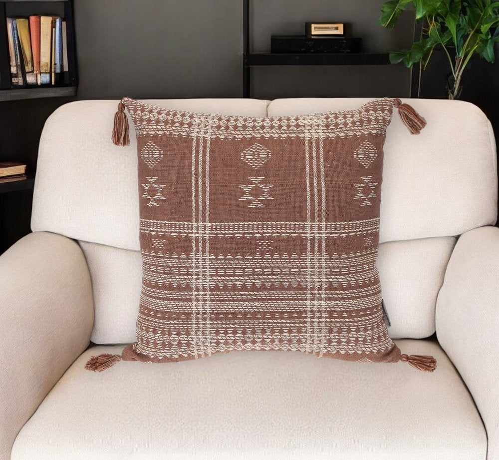 18" Beige and Brown Cotton Throw Pillow with Tassels