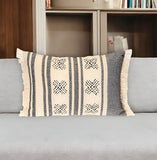 14" X 20" Beige and Black Southwestern Cotton Throw Pillow With Fringe