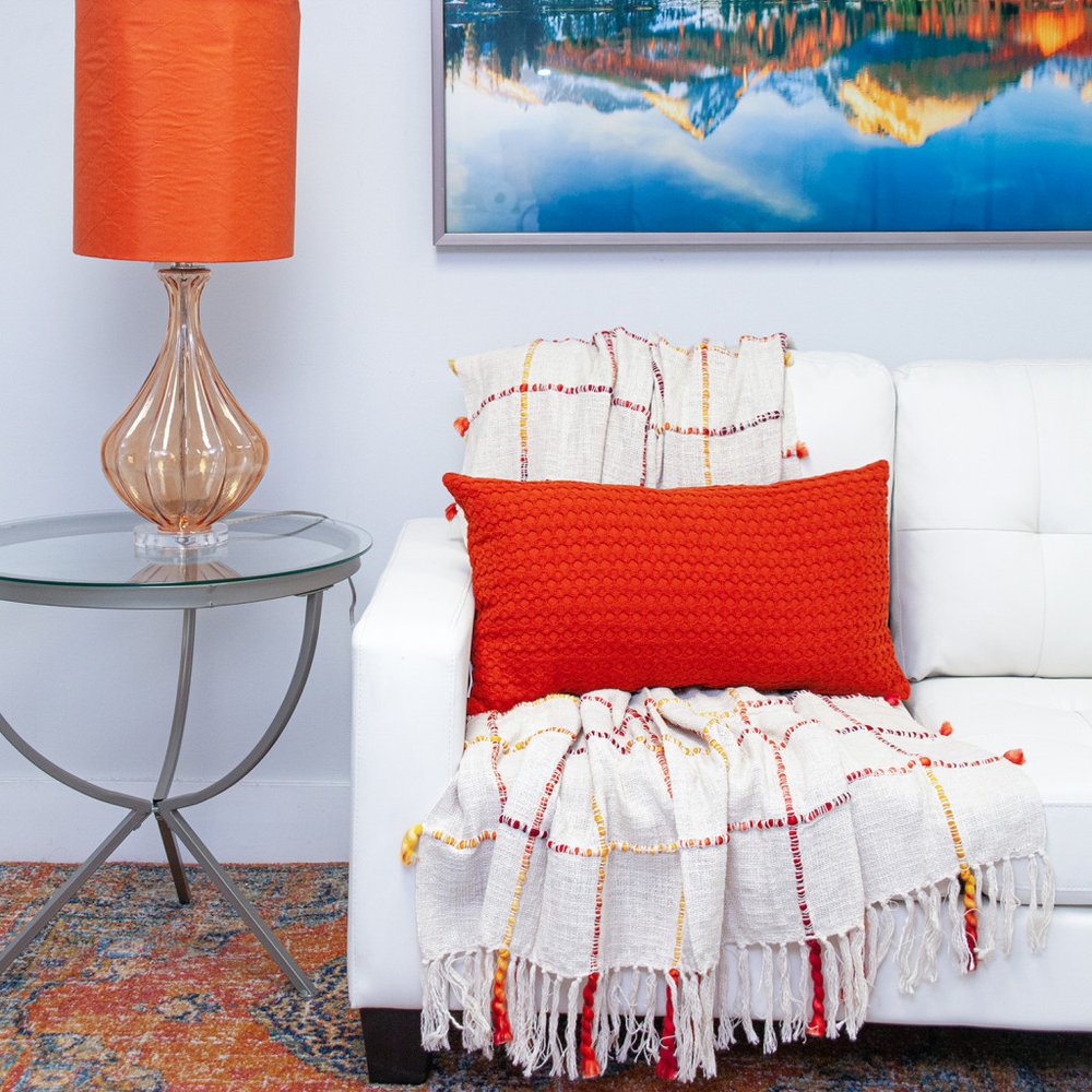 14" X 26" Orange Cotton Lumbar Throw Pillow with Texture