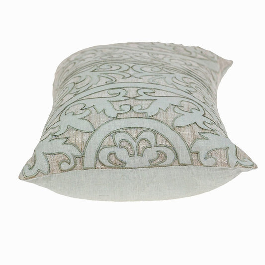 14" X 24" Beige and Green Linen Lumbar Throw Pillow with Embroidery