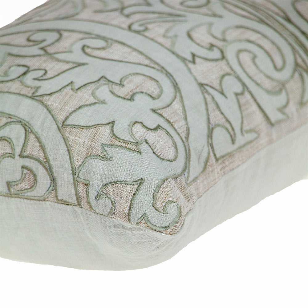 14" X 24" Beige and Green Linen Lumbar Throw Pillow with Embroidery