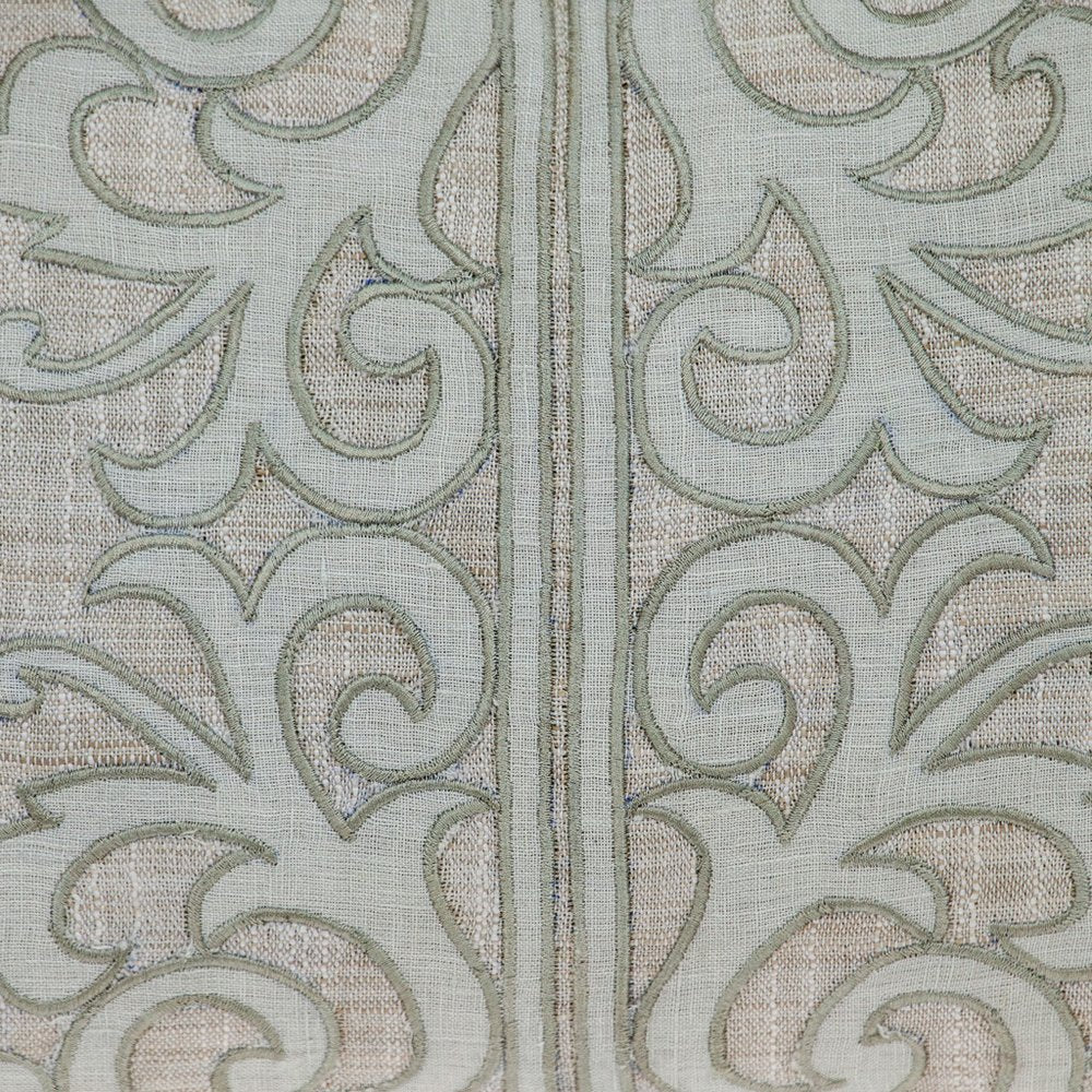 14" X 24" Beige and Green Linen Lumbar Throw Pillow with Embroidery