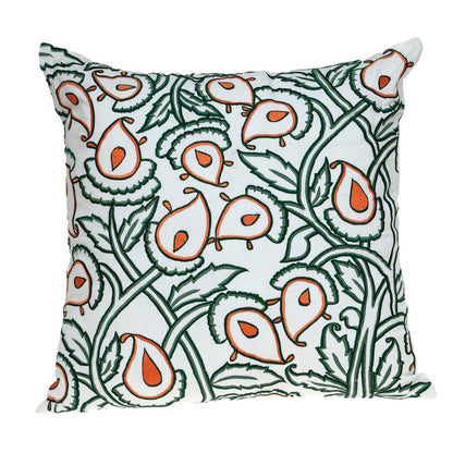 22" Green and White Cotton Throw Pillow with Embroidery