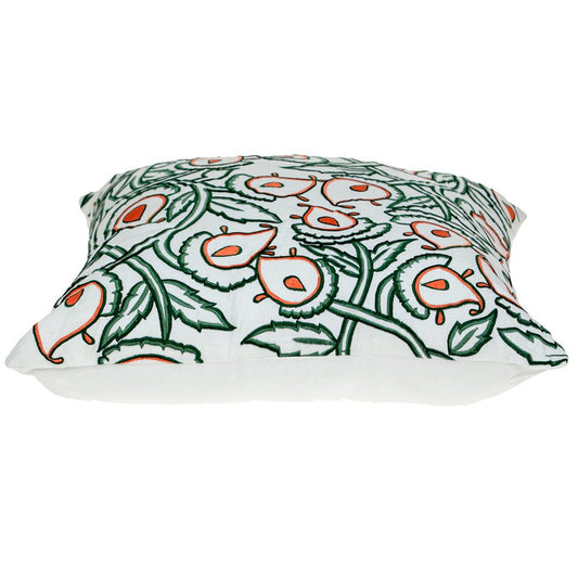 22" Green and White Cotton Throw Pillow with Embroidery
