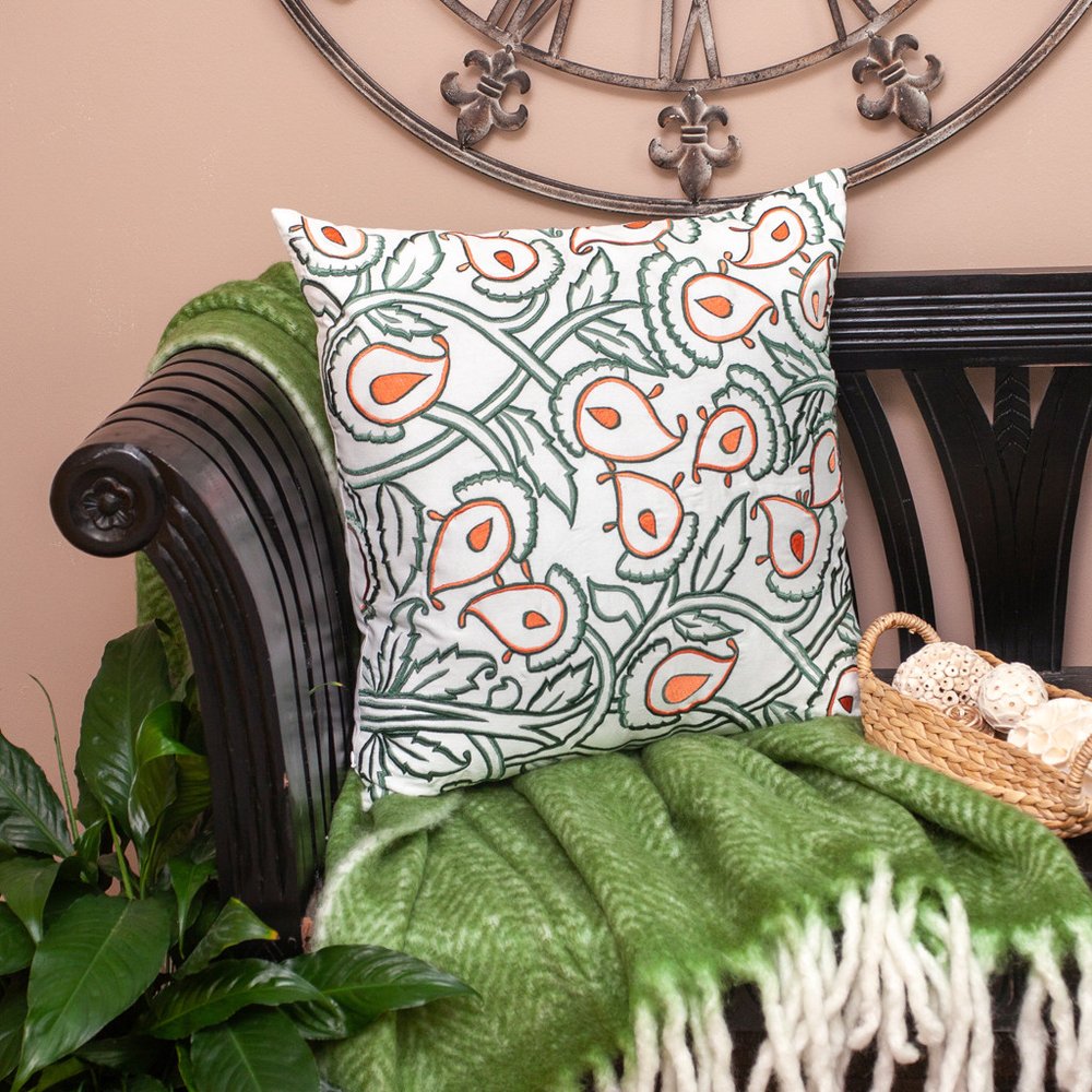 22" Green and White Cotton Throw Pillow with Embroidery