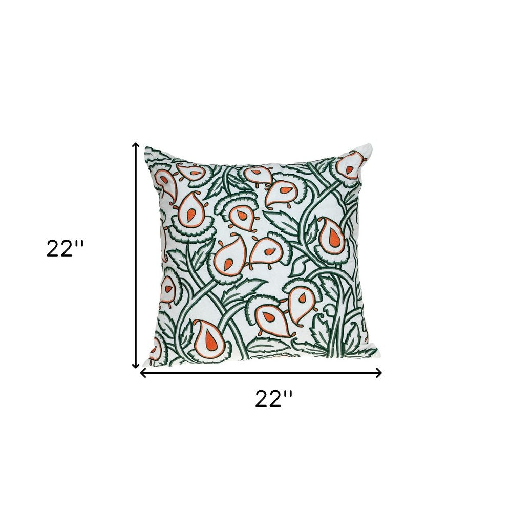 22" Green and White Cotton Throw Pillow with Embroidery