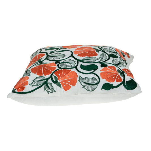 22" Orange And White Floral Cotton Throw Pillow with Embroidery