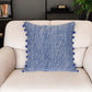 18" Blue and White Weave Cotton Throw Pillow With Pom Poms