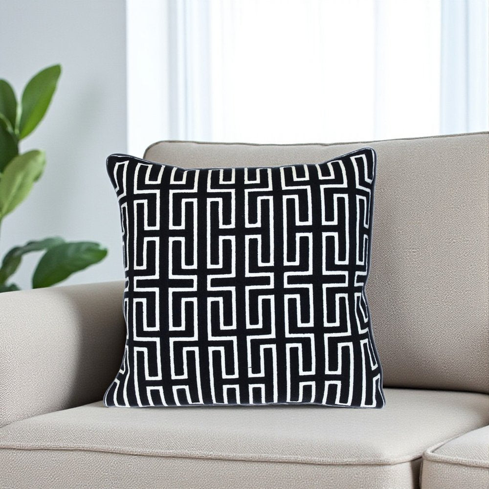 20" X 20" Black Geometric Cotton Zippered Pillow
