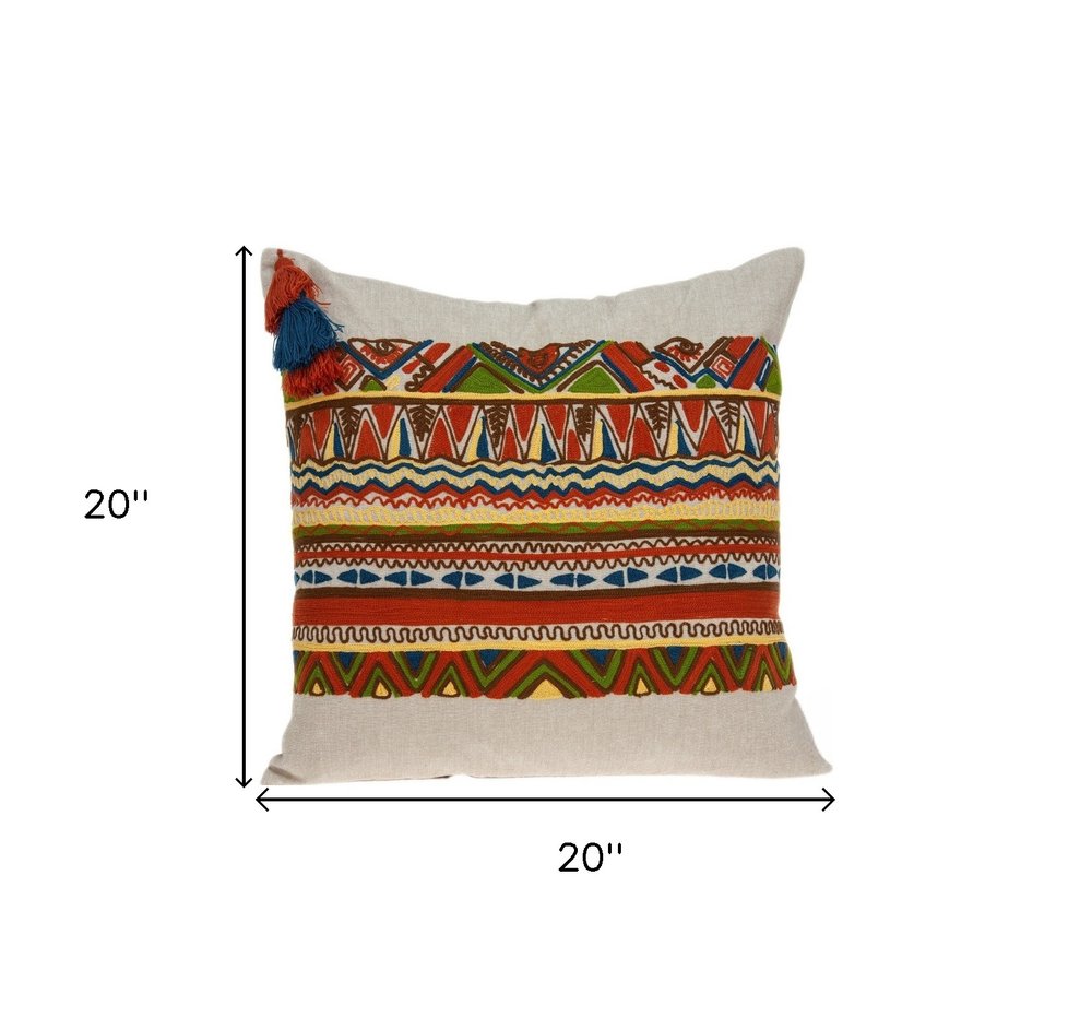 20" Beige and Orange Striped Cotton Blend Throw Pillow With Embroidery