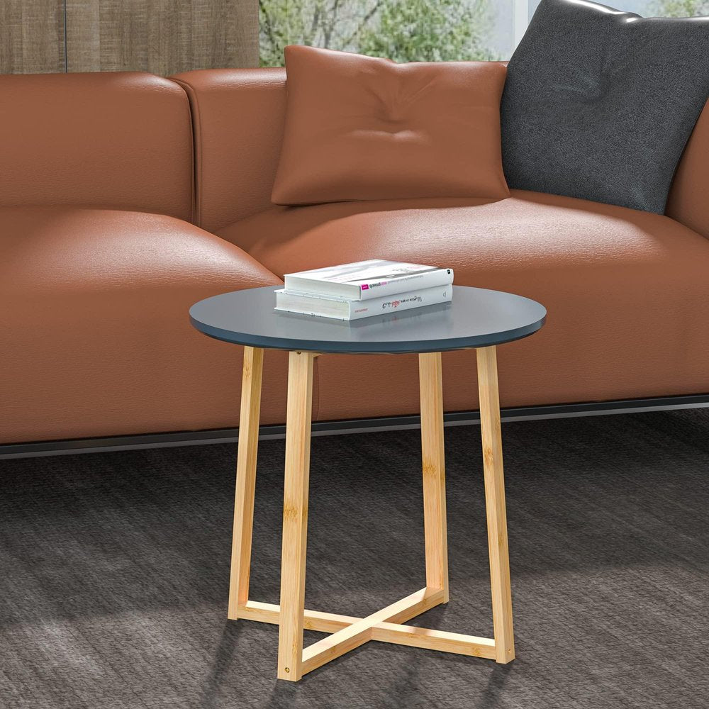 20" Gray and Natural Solid Wood Round Cross Legs End Table