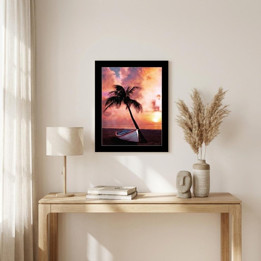 Palm Tree Sunset Black Framed Print Wall Art