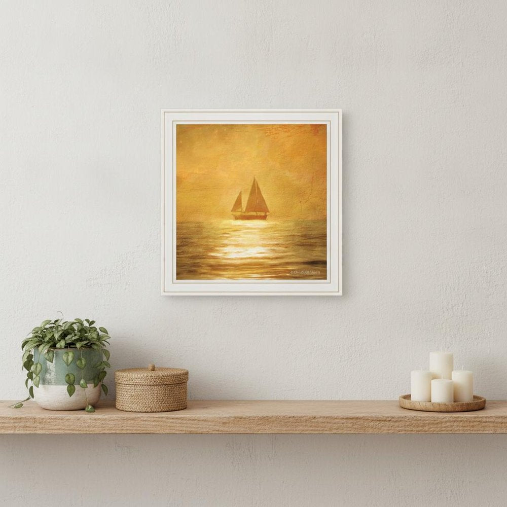 Solo Gold Sunset Sailboat Black Framed Print Wall Art