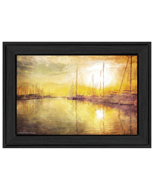 Yellow Sunset Boats In Marina Black Framed Print Wall Art