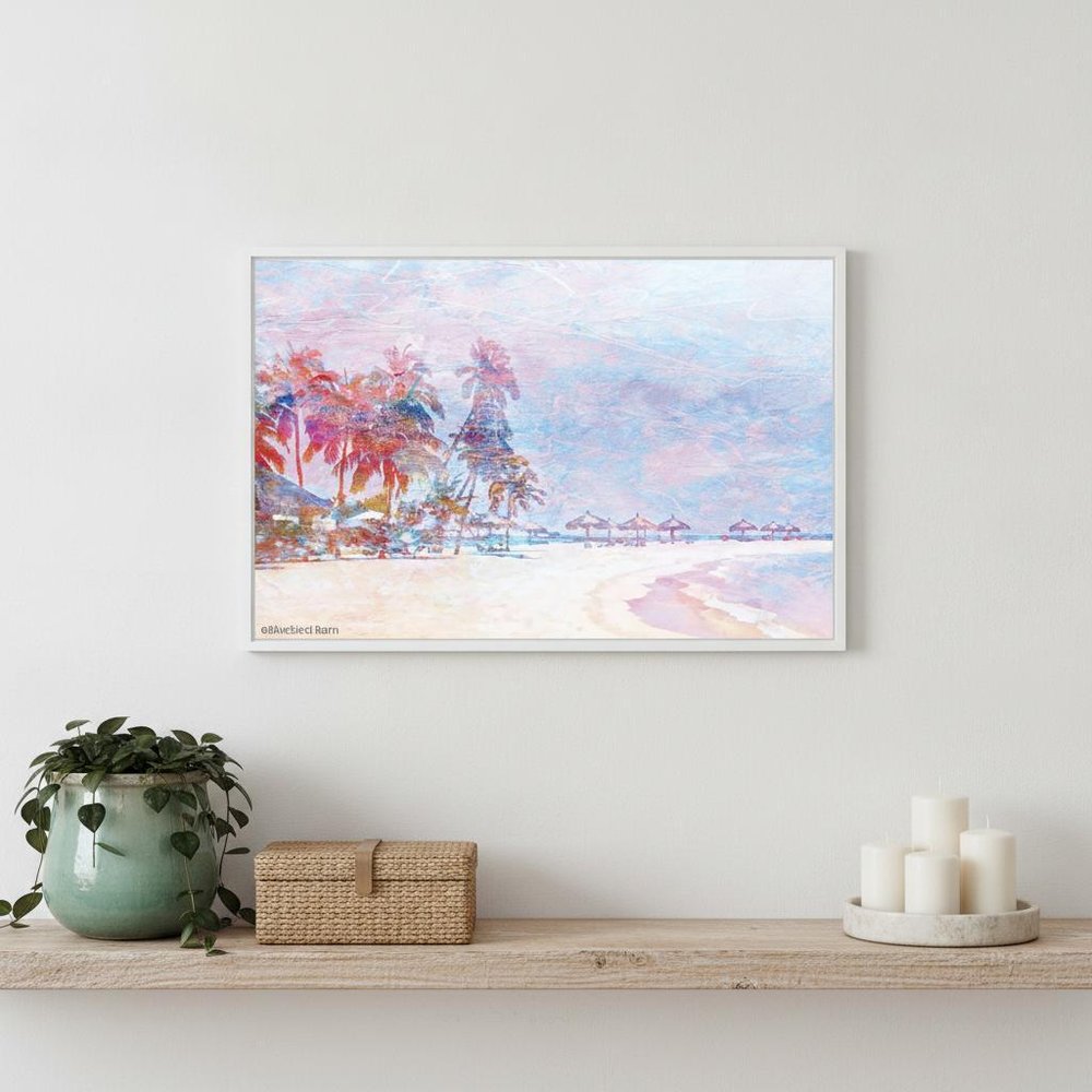 Rainbow Bright Sandy Beach with Umbrellas White Framed Print Wall Art