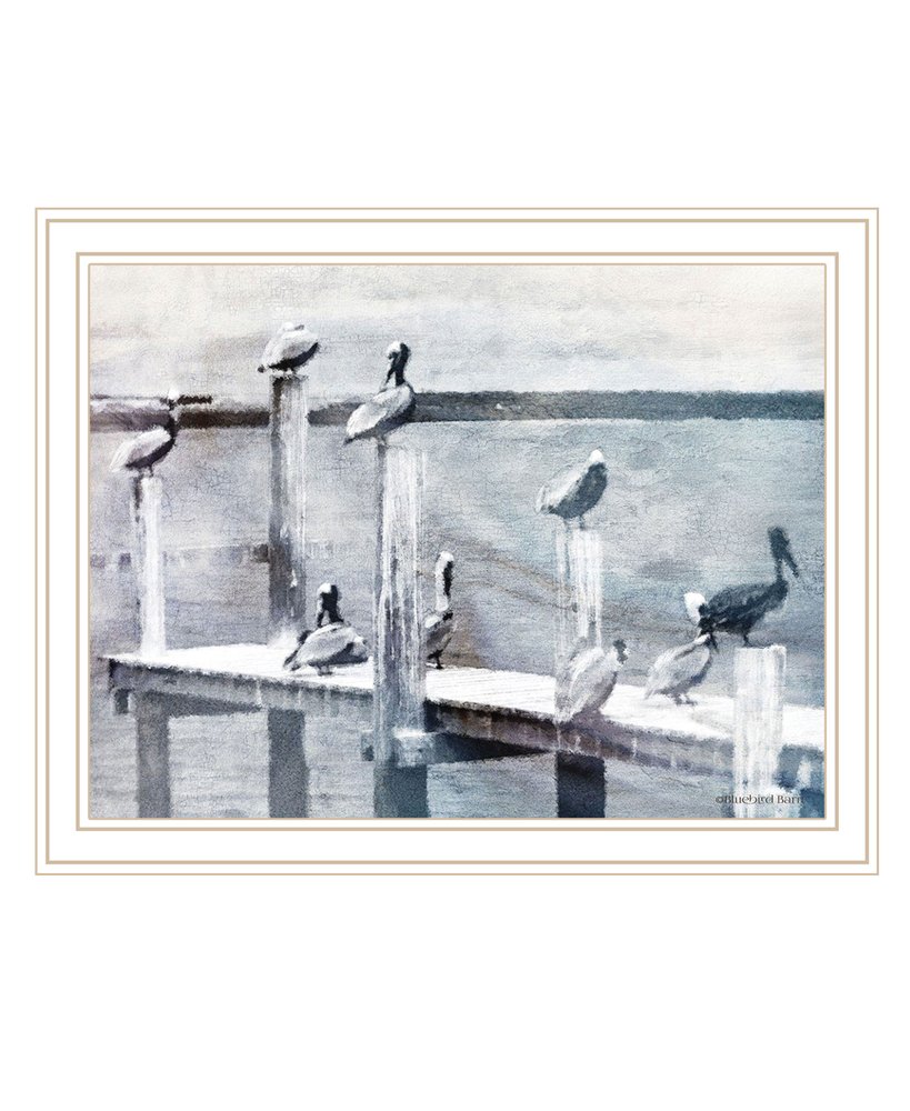 Birds on the Pier White Framed Print Wall Art