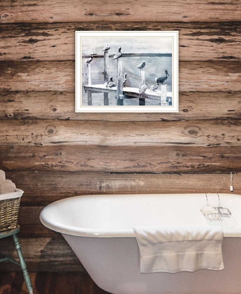 Birds on the Pier White Framed Print Wall Art