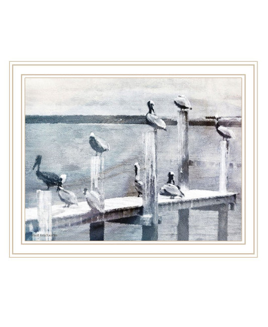 Birds on the Pier White Framed Print Wall Art