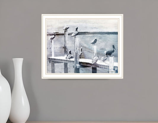 Birds on the Pier White Framed Print Wall Art