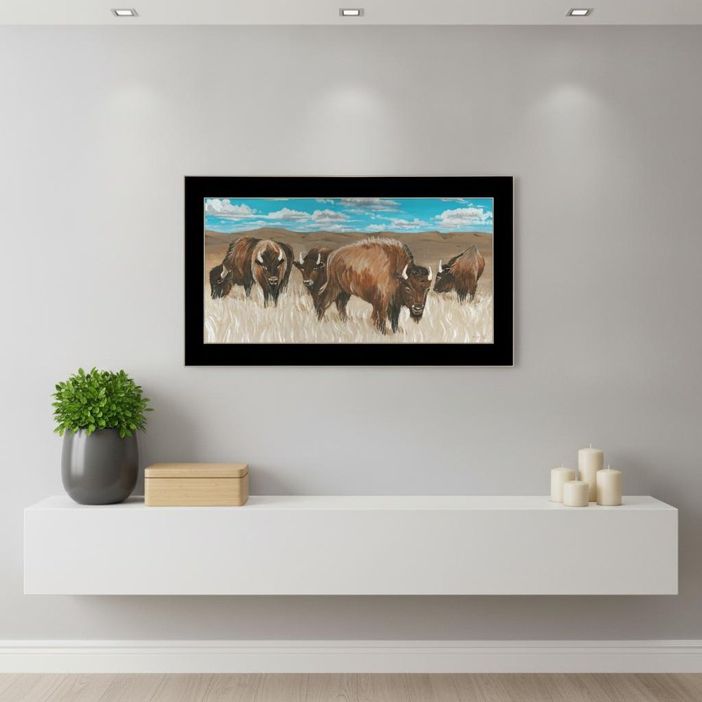 Bison Herd Black Framed Print Wall Art