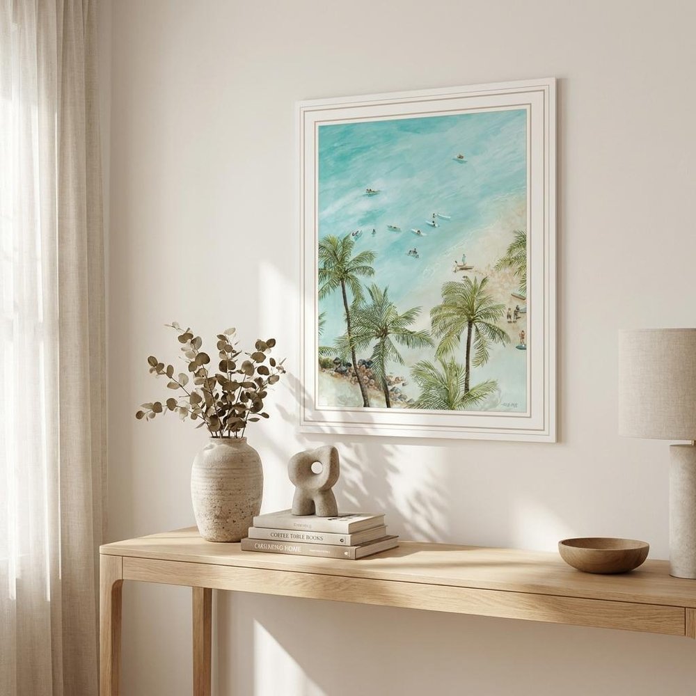 SURFING FROM AFAR White Framed Print Wall Art