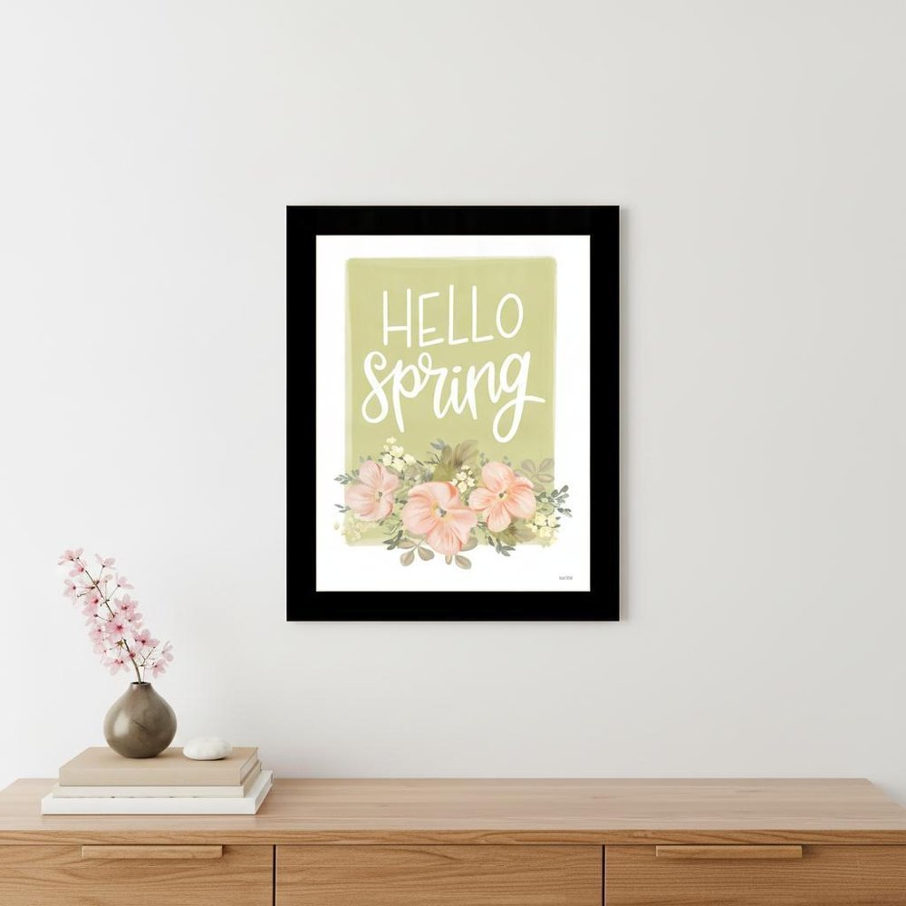 Hello Spring Floral Black Framed Print Wall Art