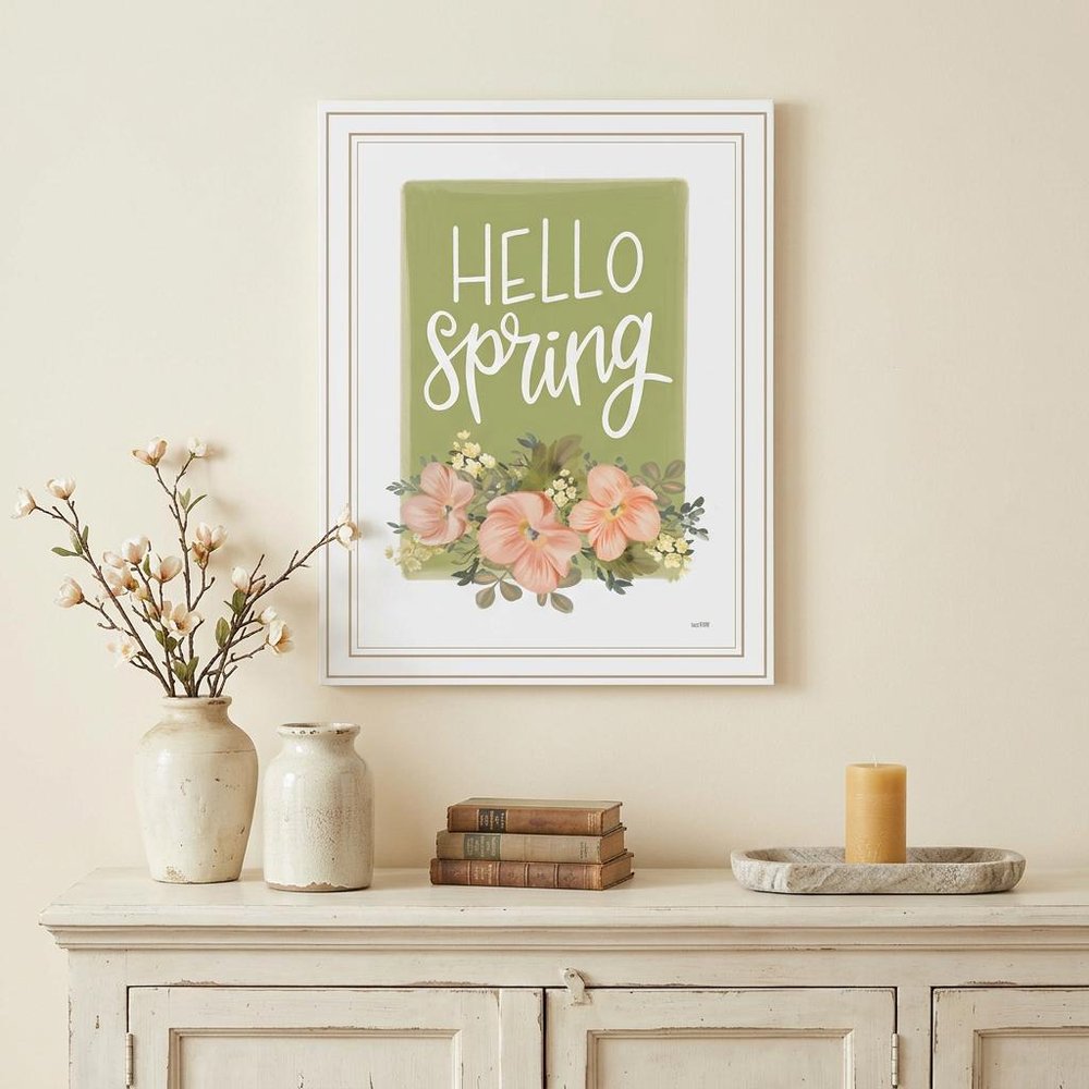 Hello Spring Floral Black Framed Print Wall Art