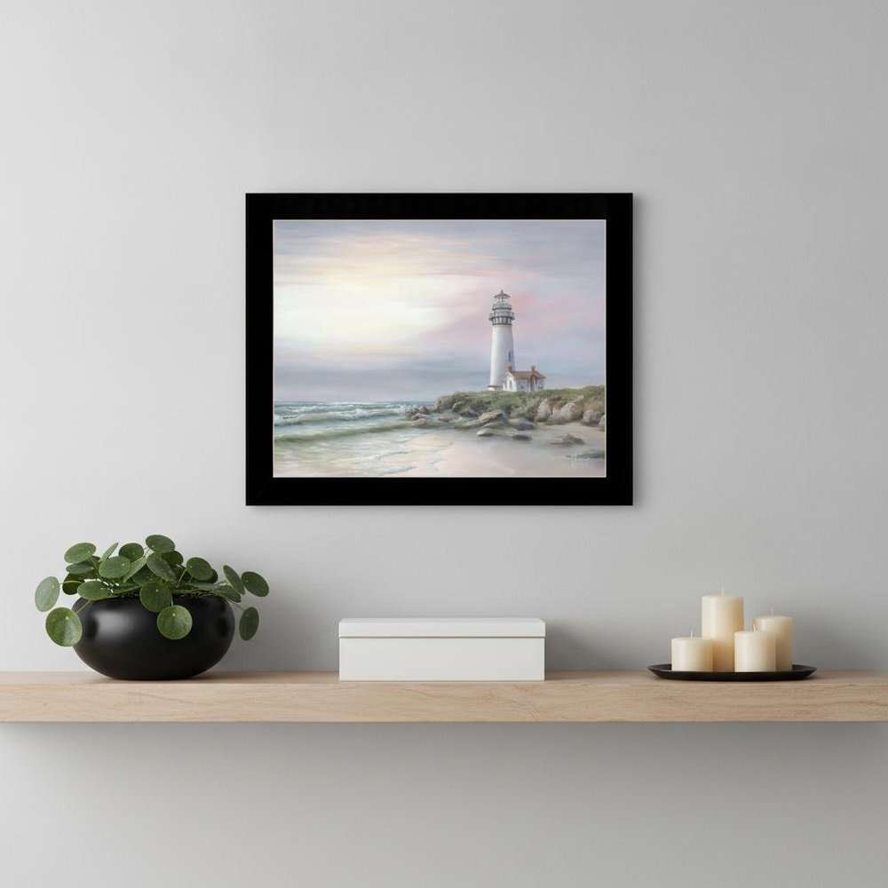 Lighthouse at Sunset Black Framed Print Wall Art