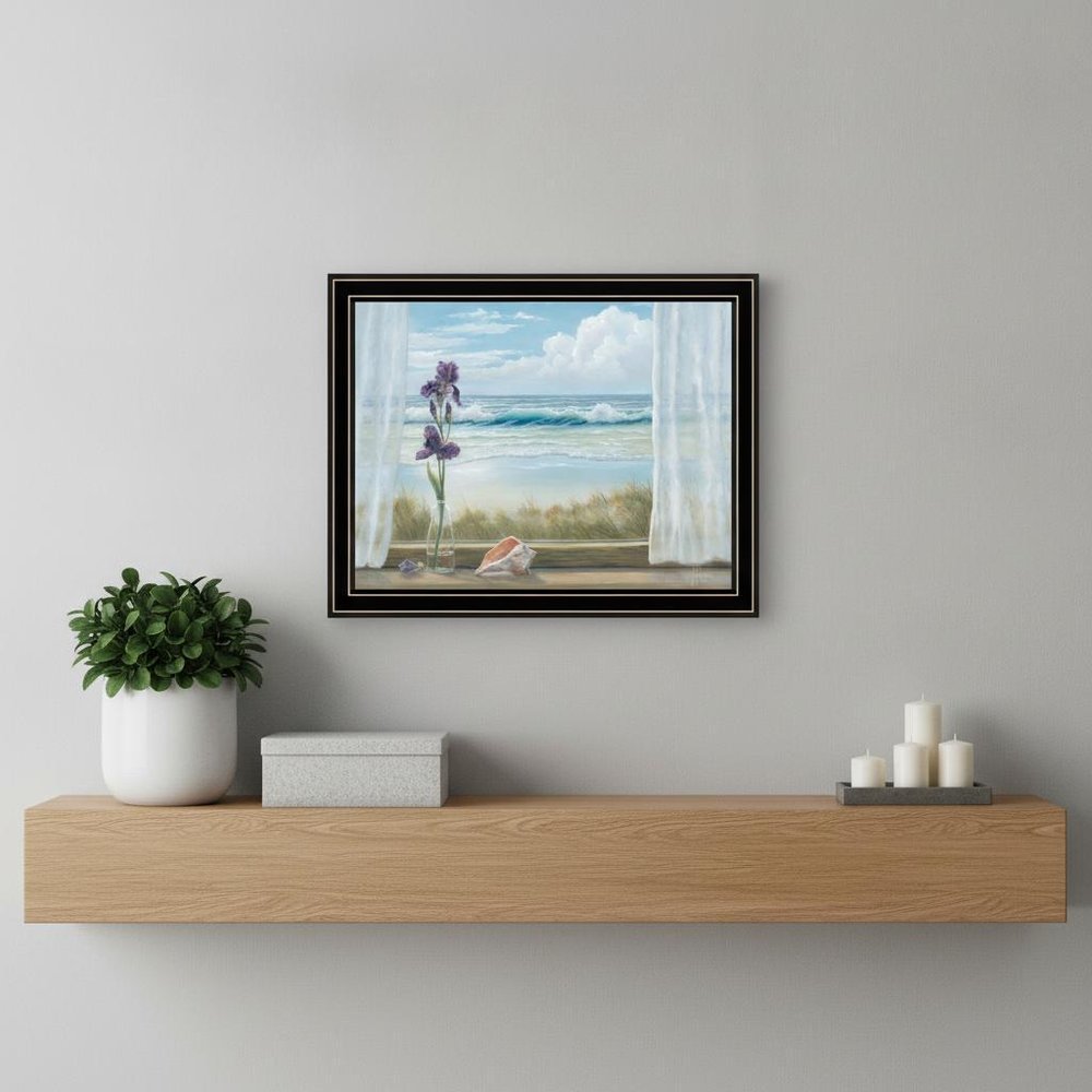 Irises on Windowsill Black Framed Print Wall Art