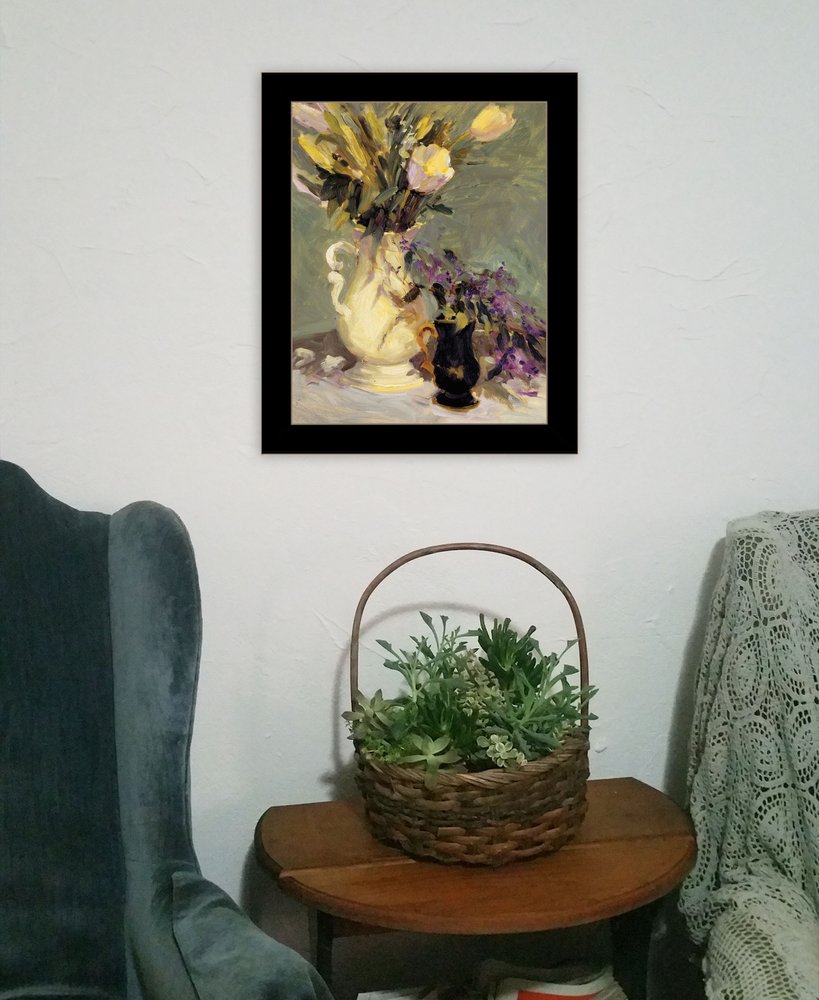 Tulips and Lavender Black Framed Print Wall Art