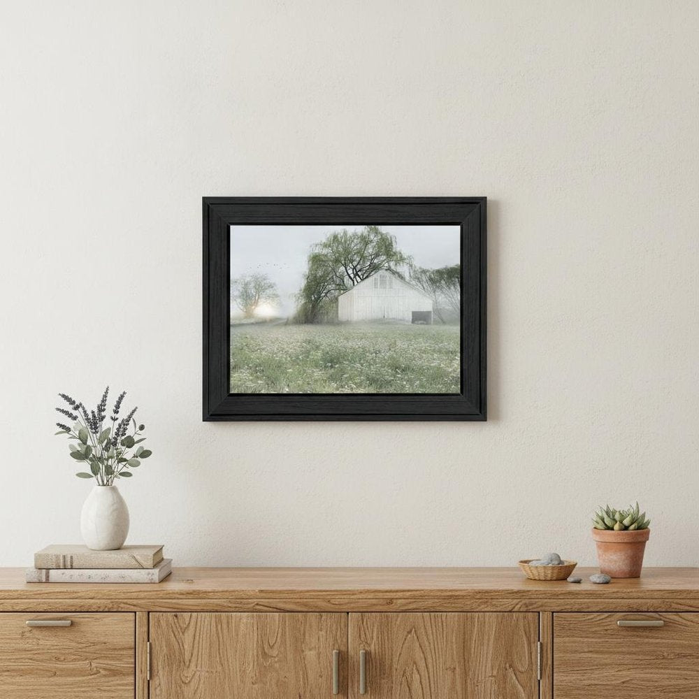 Green Country Morning Black Framed Print Wall Art