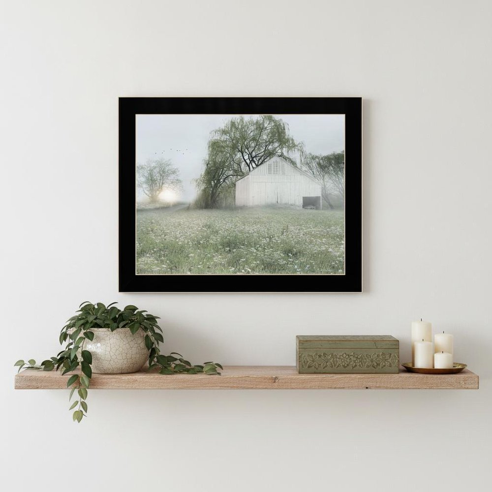 Green Country Morning Black Framed Print Wall Art