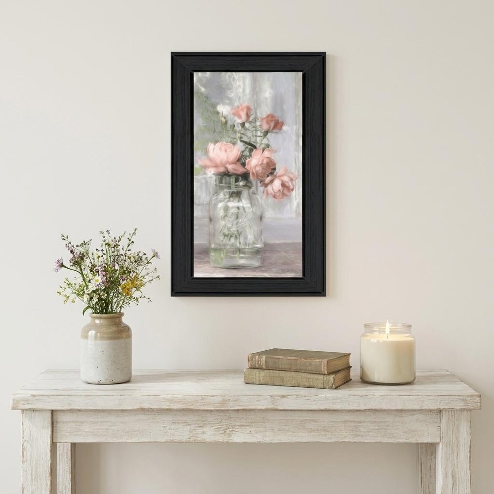 Cottage Peach Roses Black Framed Print Wall Art